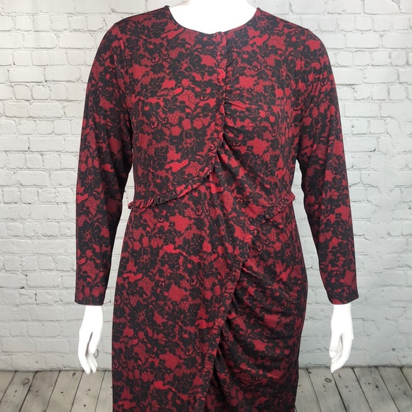 Michael Kors Red/Black Lace Print Ruffle Dress 1X - Picture 2 of 8